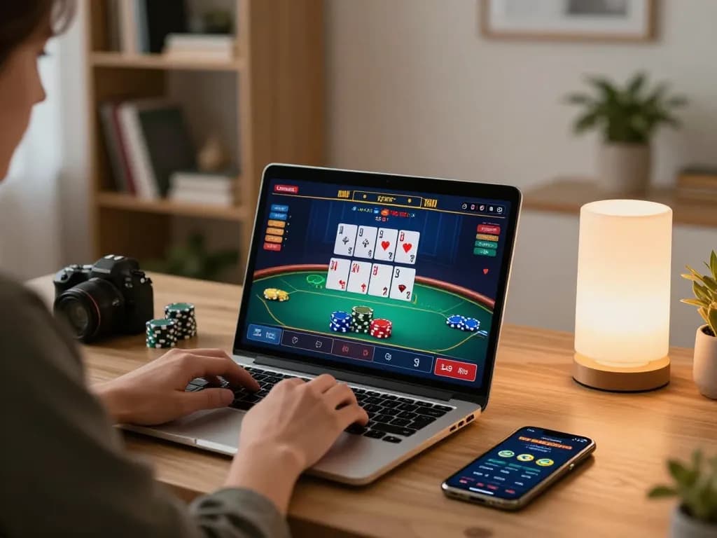Engaging online gaming experience with torxentertainment poker interface and cozy home setup.