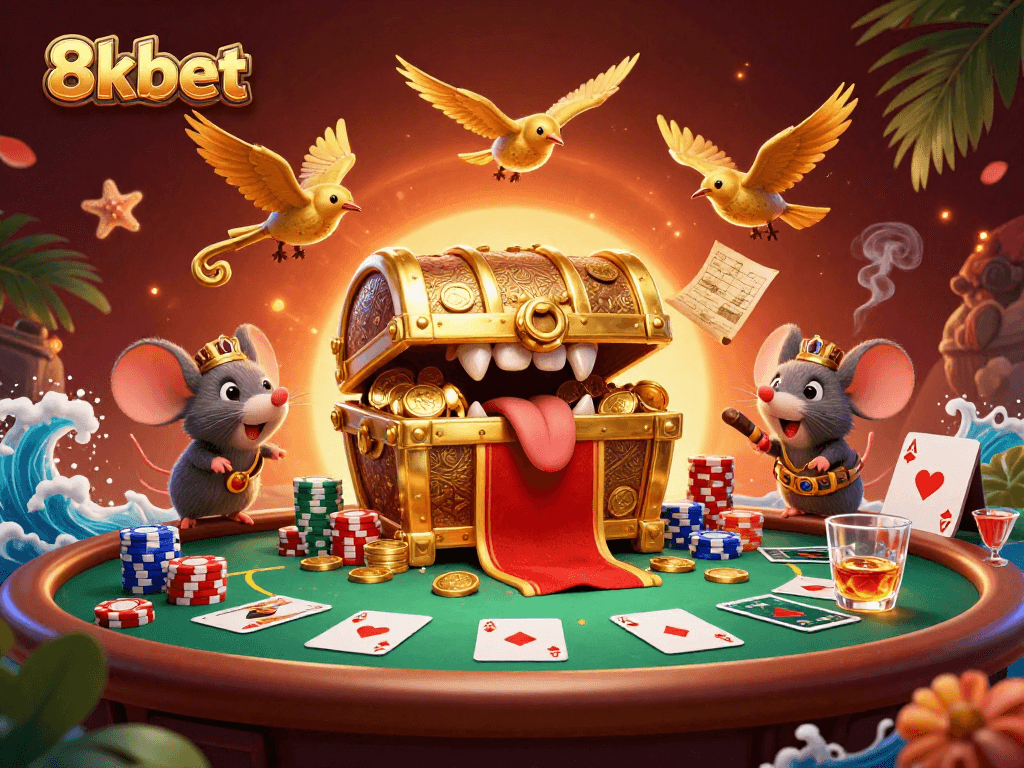 Experience the excitement of 8xbet with colorful poker elements, luring treasure chests, and dynamic character interactions in this casino scene.