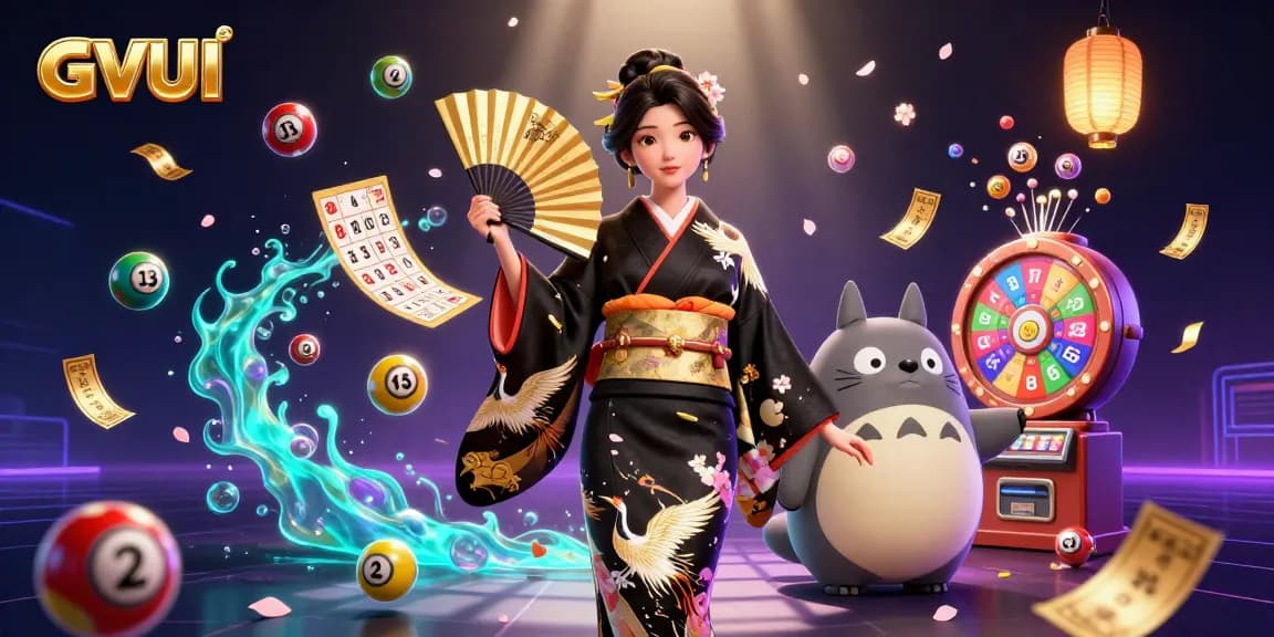 Engage with GVUI's vibrant casino scene featuring an Asian woman in a kimono amidst lottery excitement.