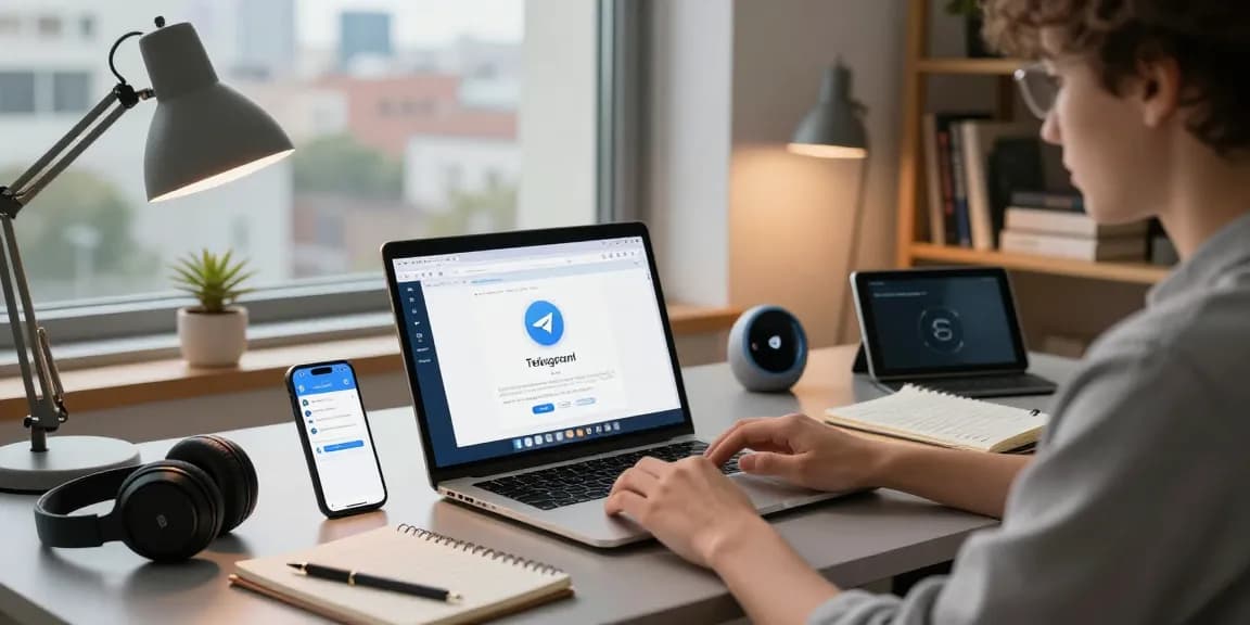 User utilizing the Telegram Web Version in a modern workspace, showcasing productivity tools and digital communication.