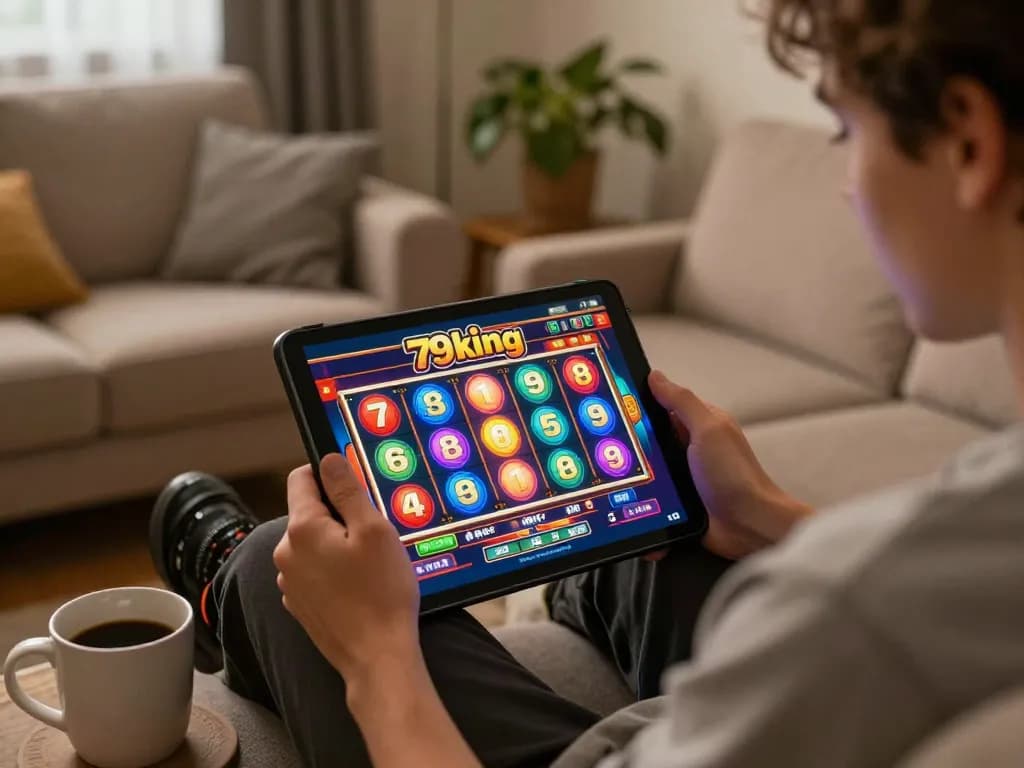79king user enjoying an exciting slot game on a tablet in a cozy living room setting