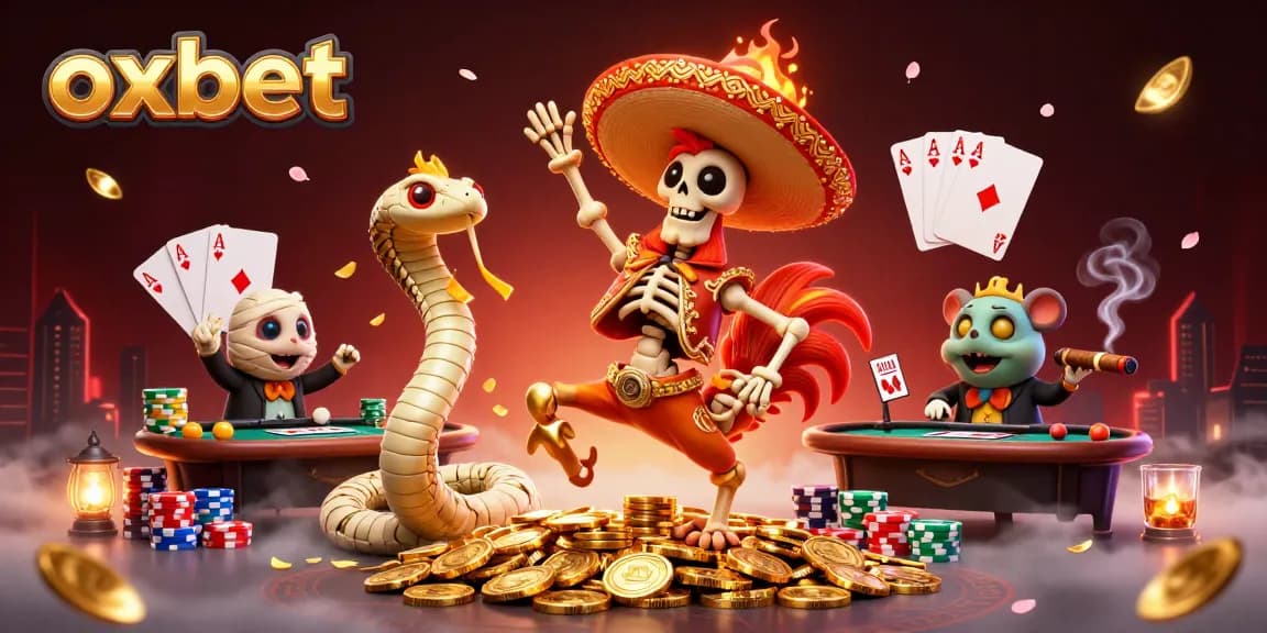 Experience vibrant casino action with the oxbet mariachi rooster celebrating while stacked poker chips fly.