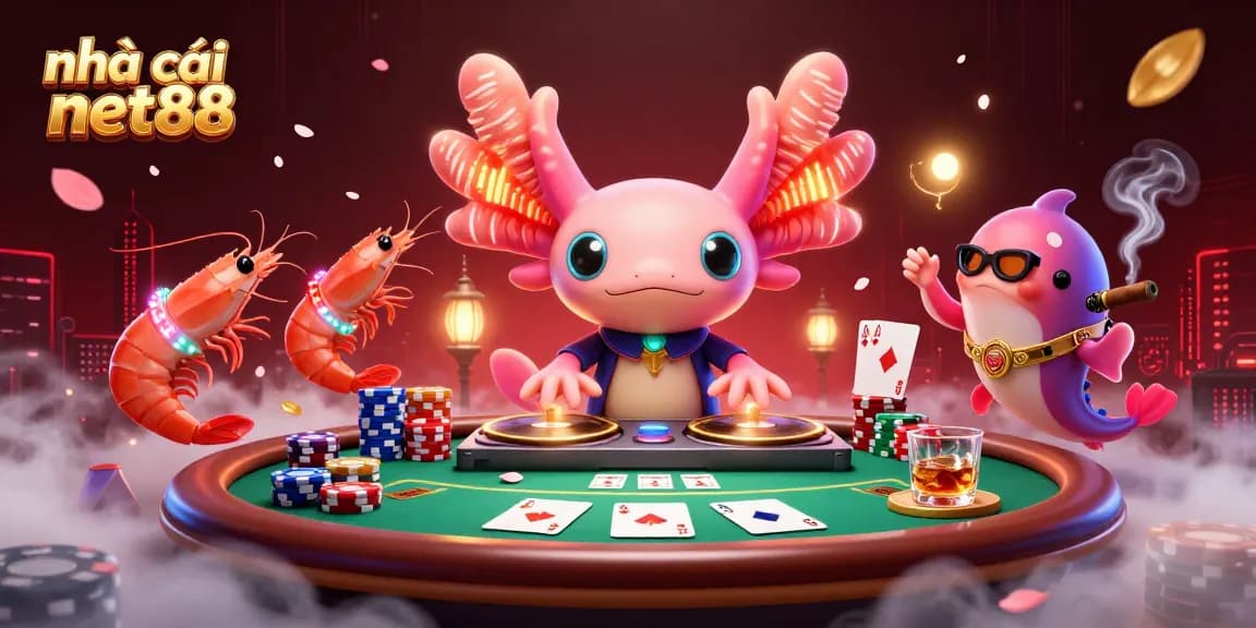 Engage with nhà cái net88 featuring vibrant 3D casino scene with axolotl DJ and poker action.