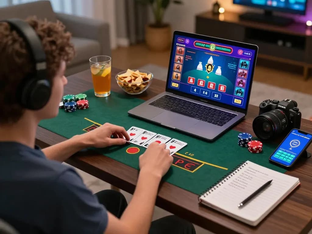 fly88 player strategies at home blackjack game with laptop and mobile device