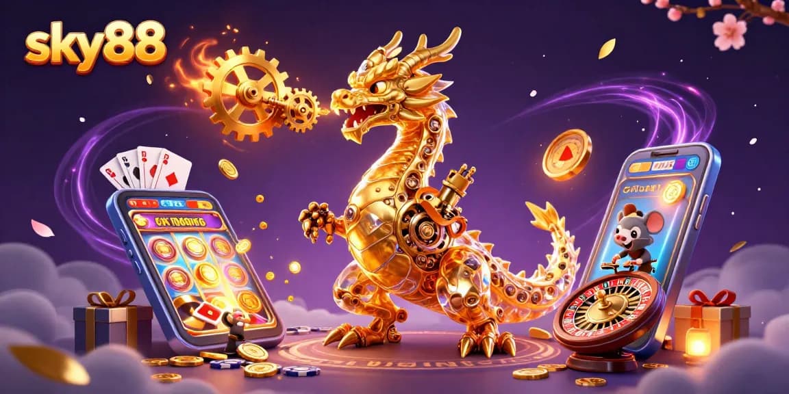 Engage in thrilling slots action with sky88 illustrated as a dragon, exploding coins, and games.