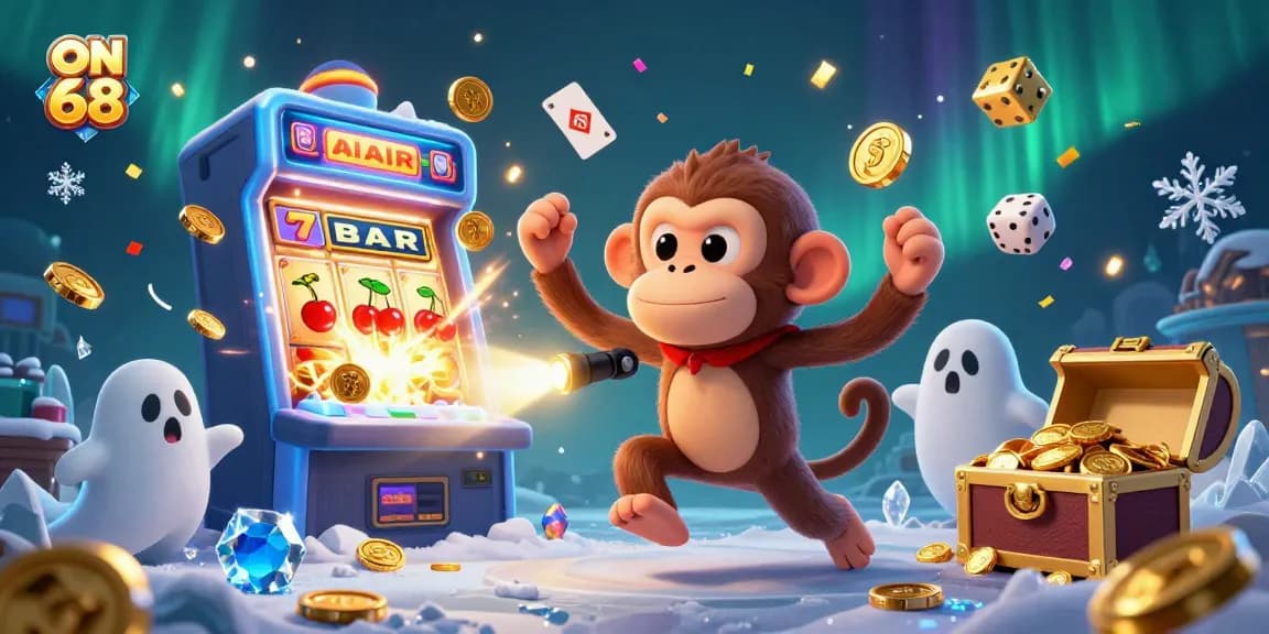 Engage with ON 68's thrilling casino adventures featuring a mischievous monkey and a curious puppy!