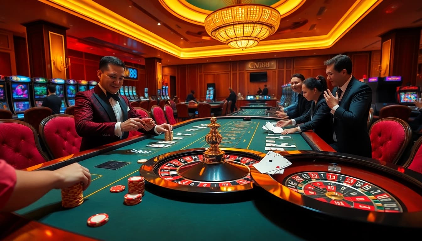 Experience thrilling gaming at CM88's lavish casino, featuring professional croupiers and vibrant tables.