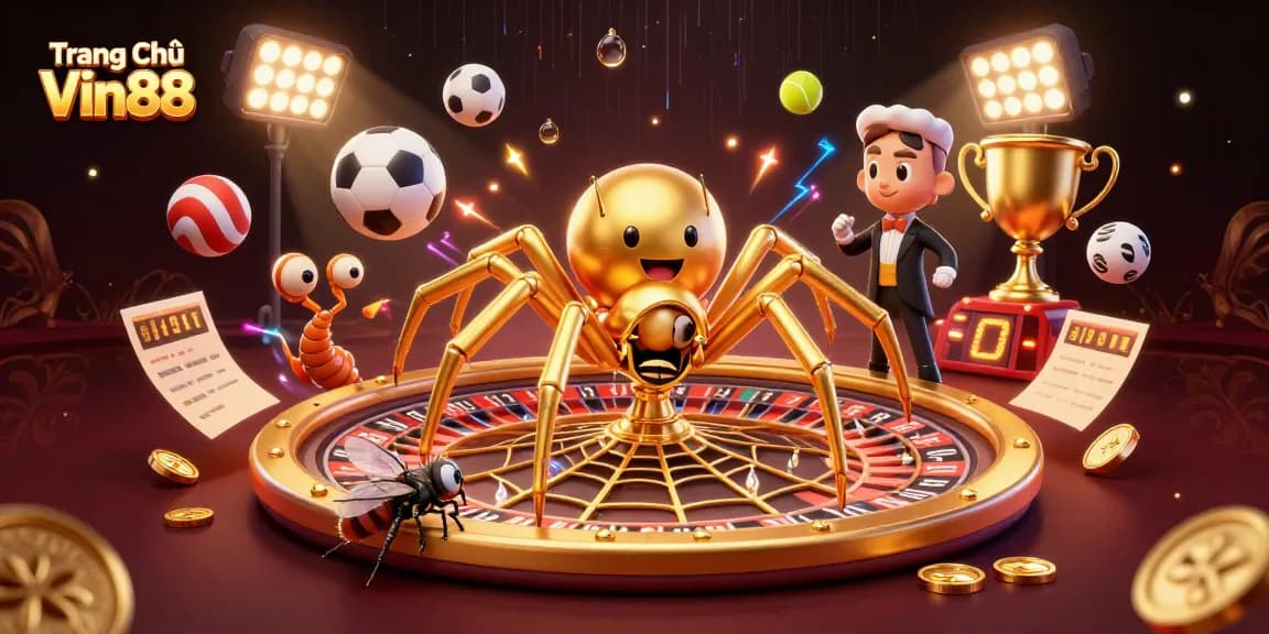 Engage with thrilling bets at Trang Chủ Vin88, where a golden spider spins a roulette wheel, surrounded by vibrant sports elements.