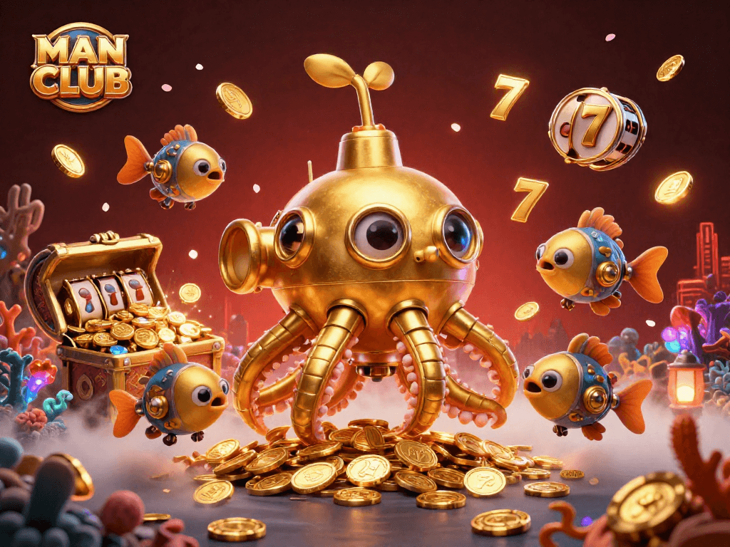 Experience the thrill of MAN CLUB with this dynamic casino scene featuring golden kraken and slot reels.