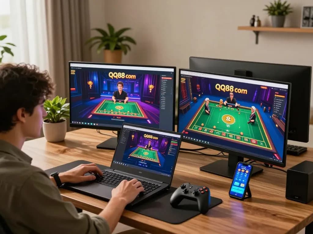Engage with QQ88 com through an immersive online gaming experience in a modern setup.