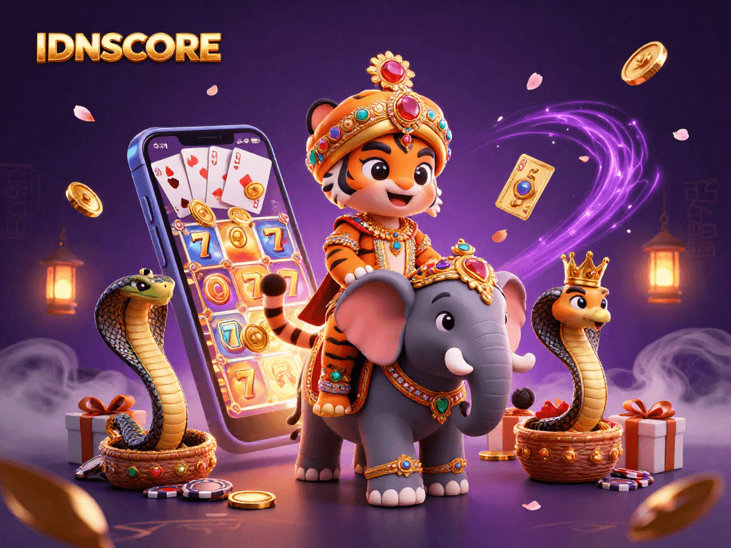 IDNSCORE presents an engaging casino scene with a Maharaja tiger, a jewel elephant, and vibrant slot game elements.