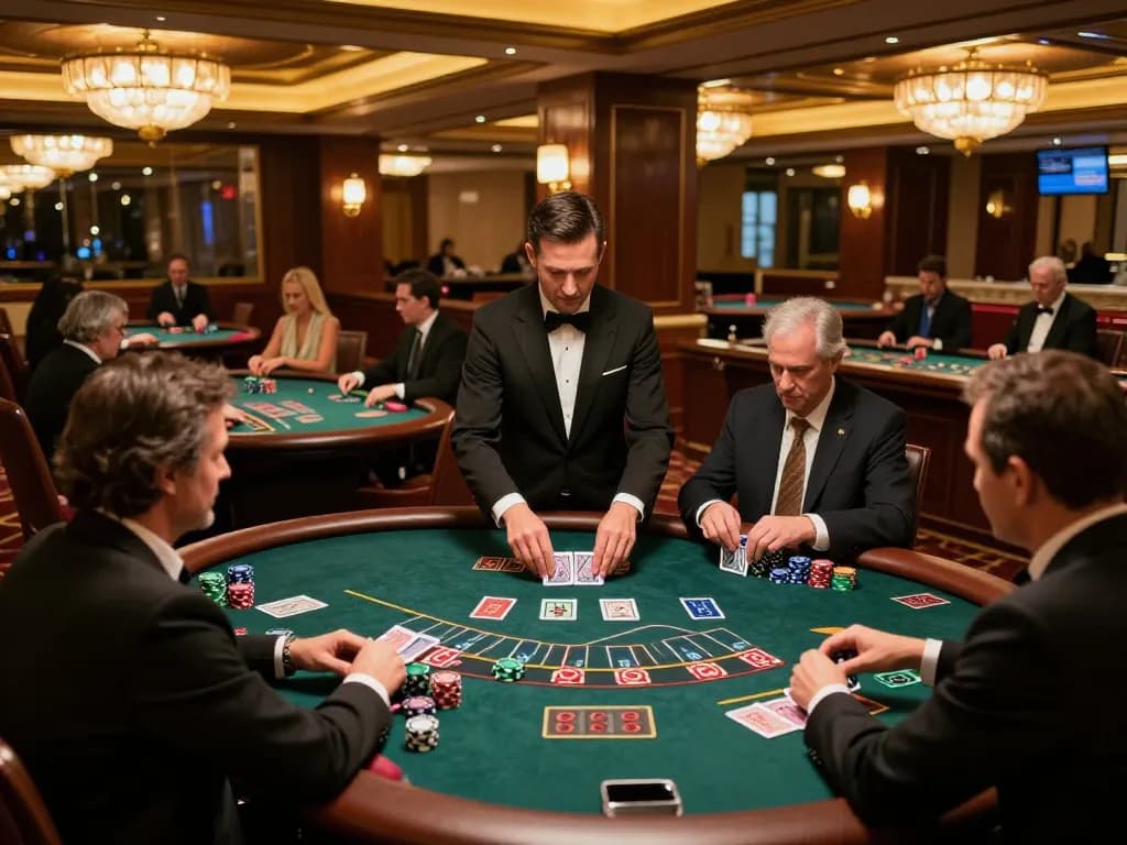 C168 players strategizing bets at a luxurious blackjack table in an upscale casino environment