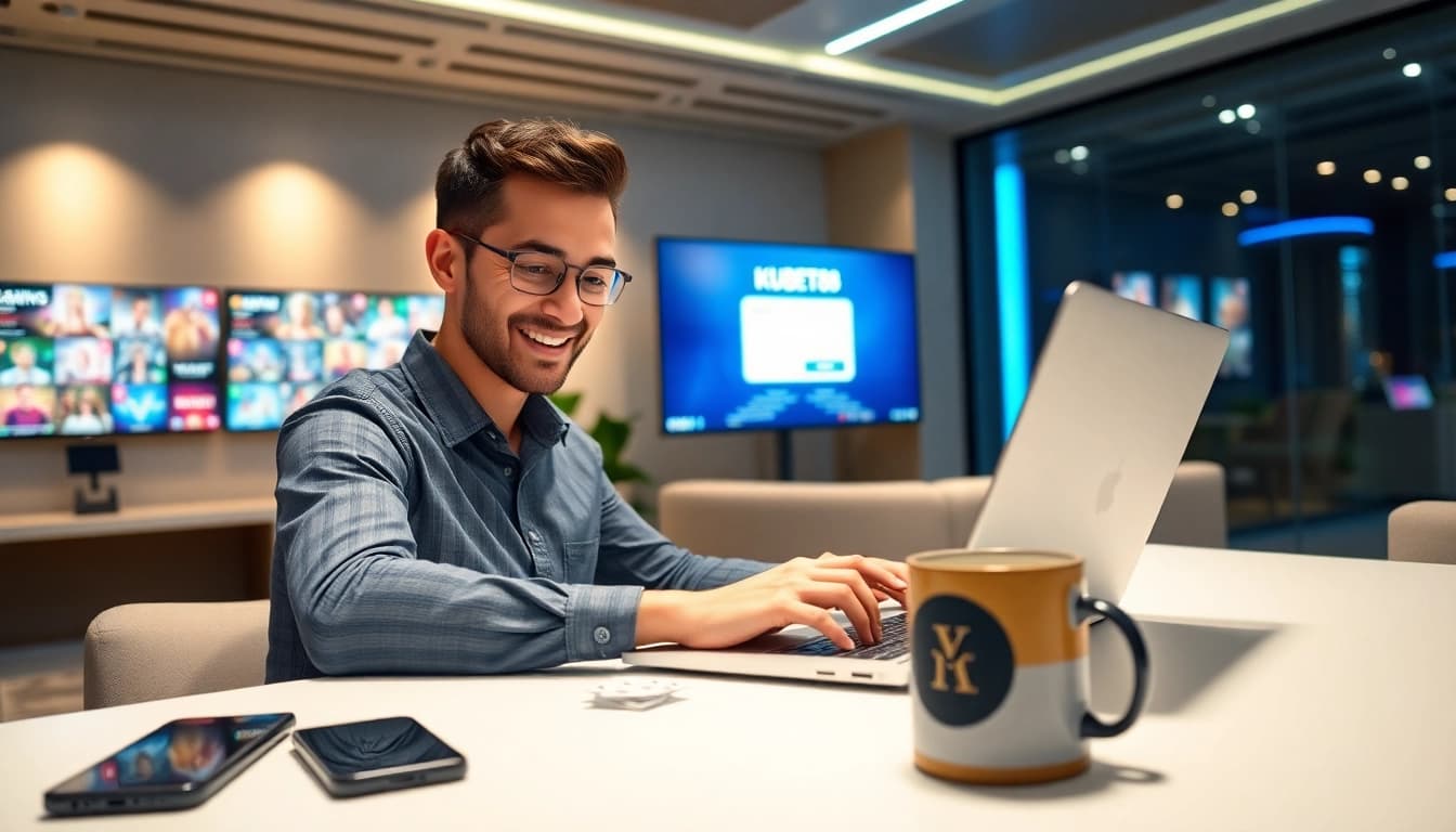 Seamlessly Đăng nhập Kubet88 on a laptop, showcasing vibrant online gambling.