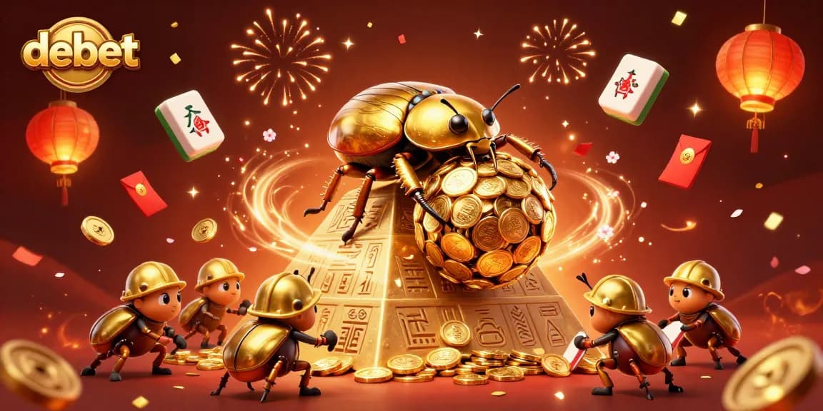 Experience the thrill of debet as a golden beetle rolls coins up a casino pyramid amidst festive cheer.