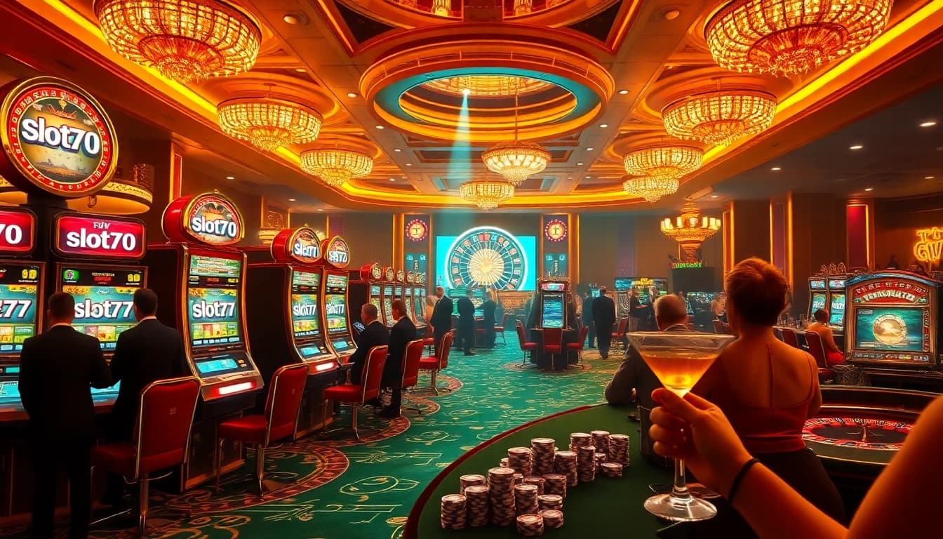 Players enjoying high-stakes gameplay at slot777 machines in a vibrant casino environment.