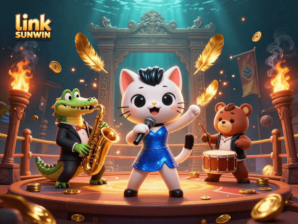 Join the excitement with link SUNWIN in this vibrant casino scene featuring jazz cats and golden game elements!