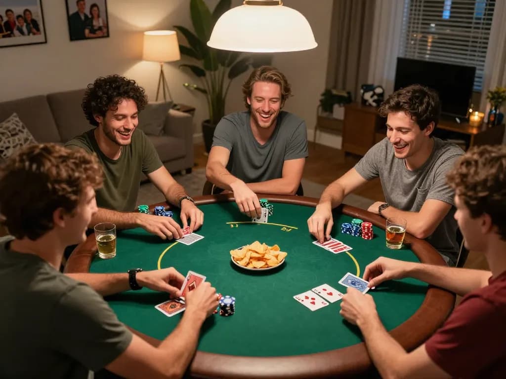Players enjoying a lively poker night with friends in a cozy setting, highlighting the excitement of gambling at trang chủ FLY88.