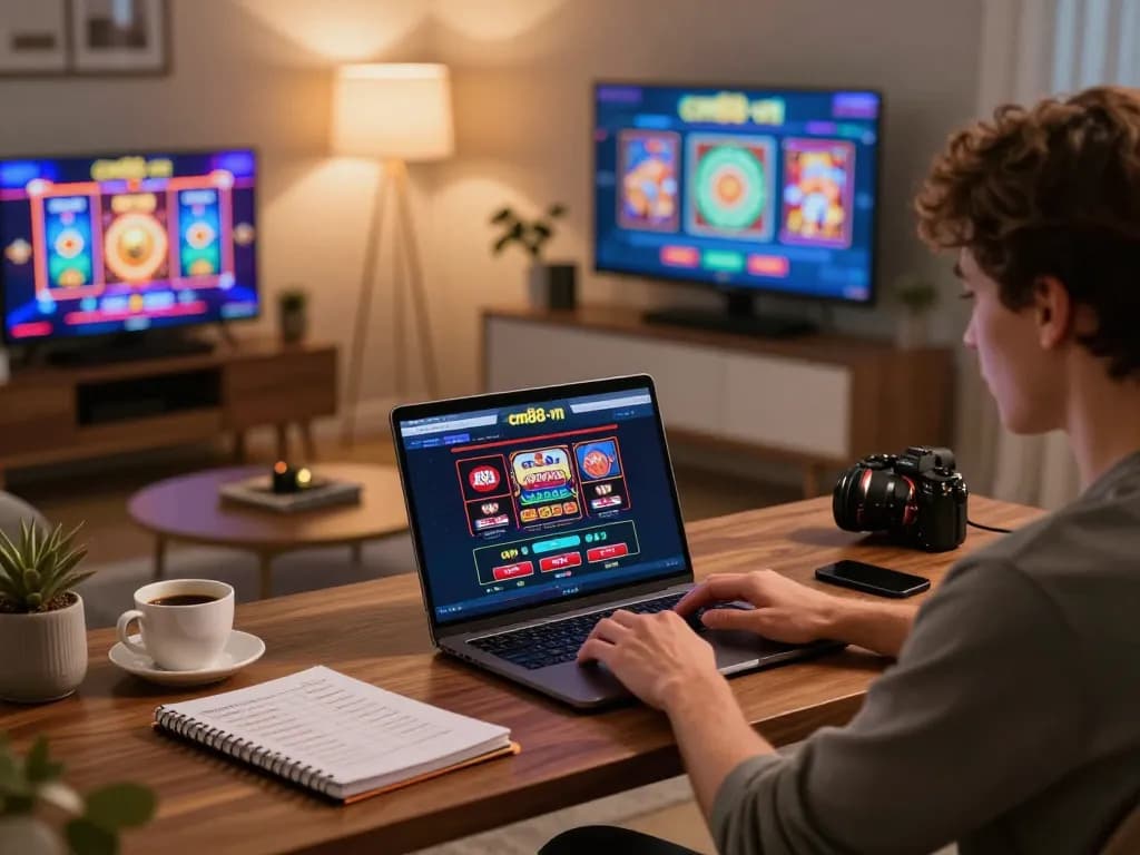 Person engaging with cm88-vn online casino on their laptop, showcasing strategic gaming atmosphere.