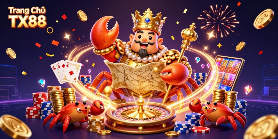 Engage in the thrilling world of Trang Chủ TX88 with a golden crab emperor and vibrant casino elements in action.