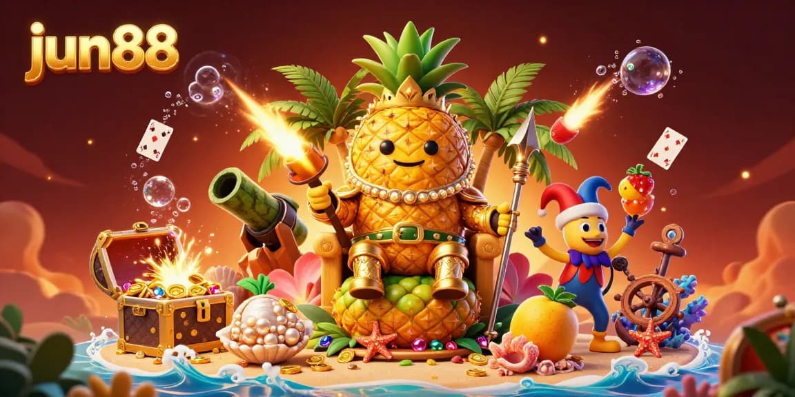 Win big with jun88 in this vibrant 3D casino scene featuring a golden pineapple king and spectacular game elements.