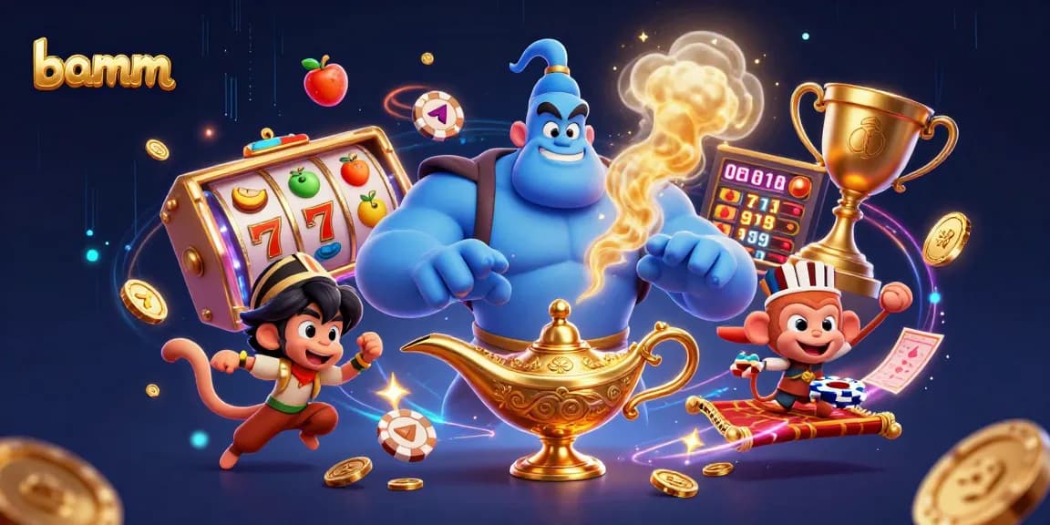 Bamm reveals vibrant 3D casino illustration featuring a genie, monkey, and slot reels spinning with excitement.