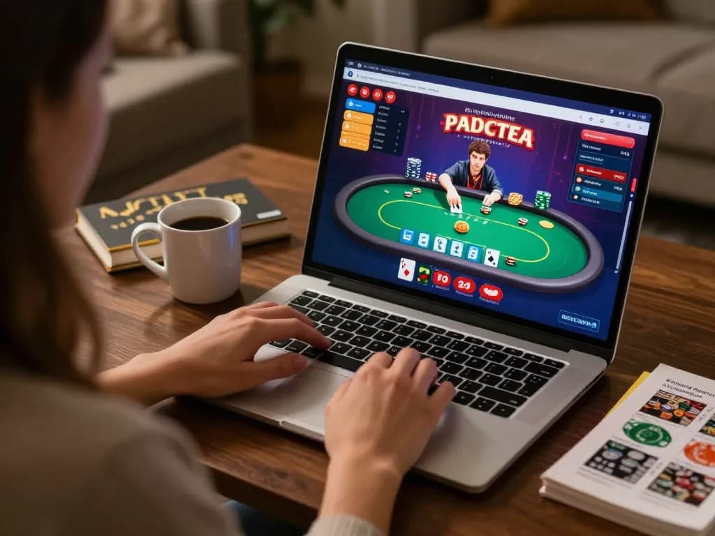 Engaging in online gaming at luckywin, showcasing a player at home with poker on their laptop, cozy atmosphere.
