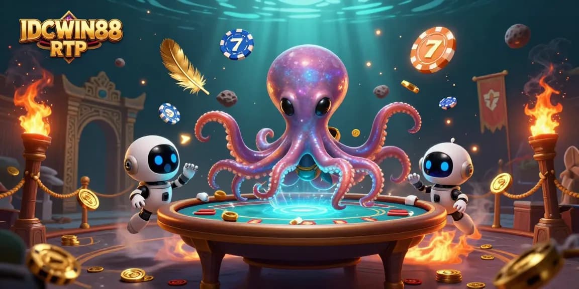 Engage with IDCWIN88 RTP featuring a vibrant gaming scene with a colorful alien octopus and interactive poker table.