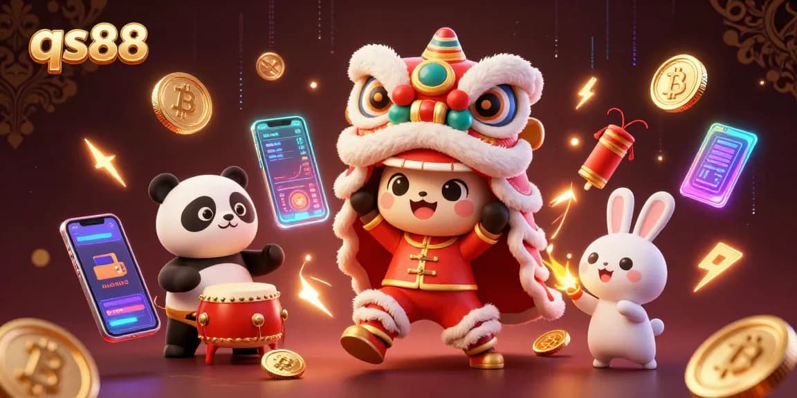 Engage with qs88's vibrant gaming experience featuring a lively lion dance and crypto elements.