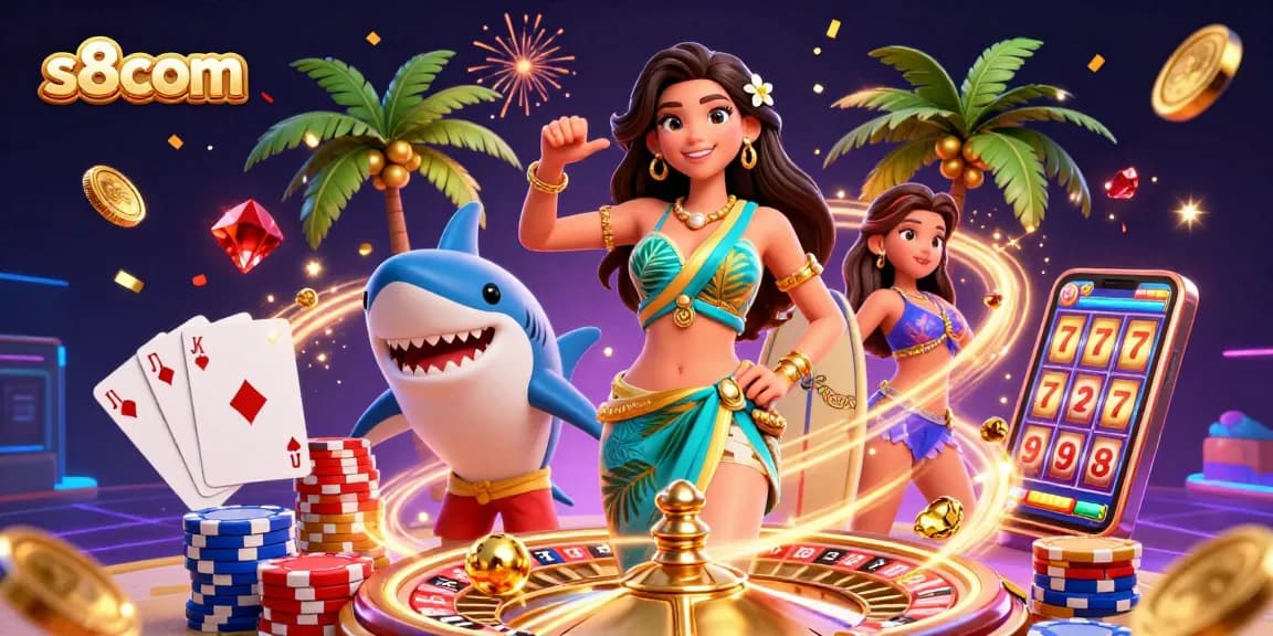 Spin for jackpots with s8com's vibrant casino scene featuring lush elements and energetic game symbols.