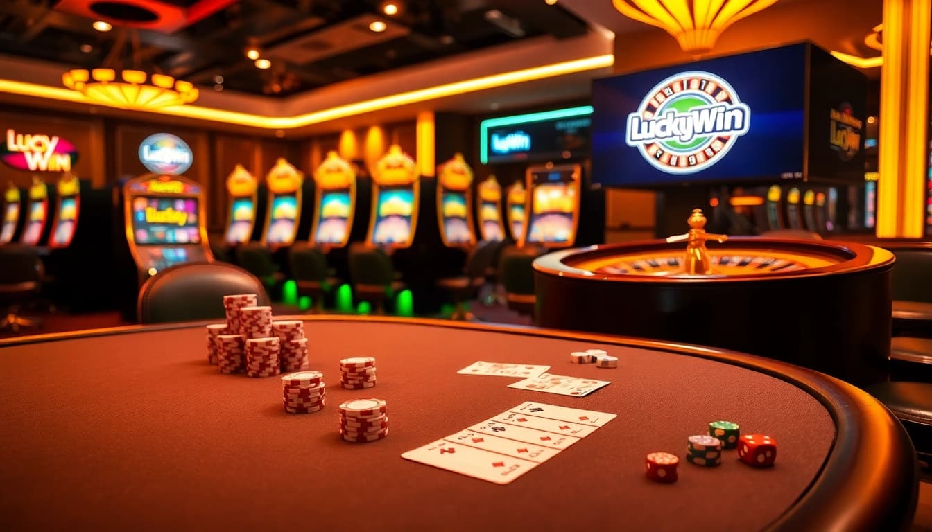 Experience high-stakes excitement with LuckyWin's premier casino gameplay featuring glowing slot machines.