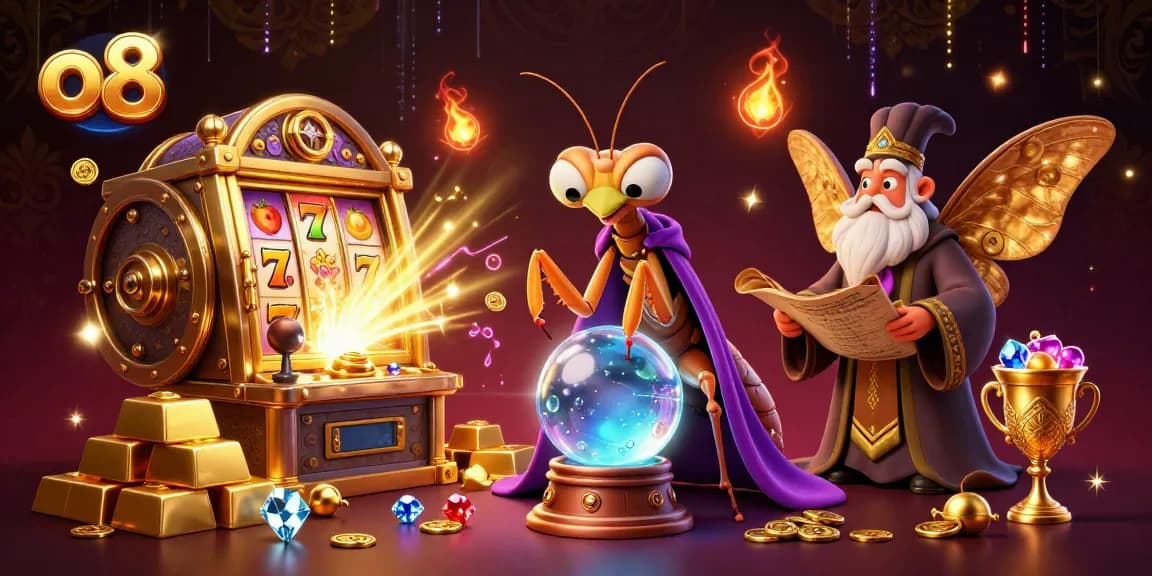 Spin the reels at o8 casino, featuring a mystical fortune teller and treasure trove in a vibrant 3D scene.