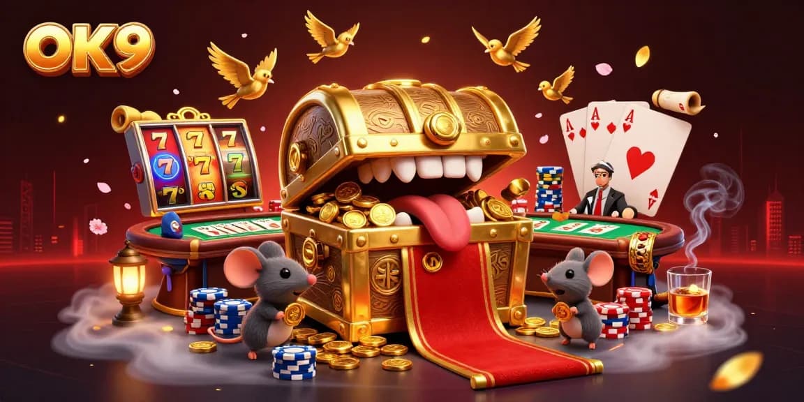Engage in thrilling gameplay at OK9 with vibrant slots and a dynamic treasure chest scene.