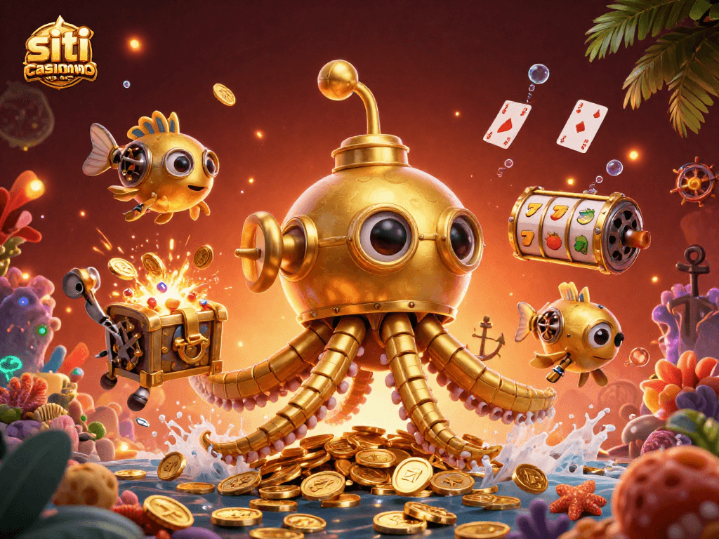 Illustrazione di un kraken d'oro che emerge da monete, rappresentando siti casino non AAMS.