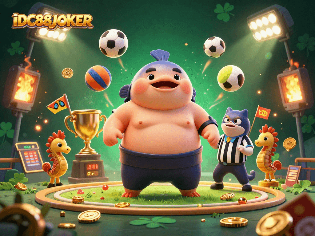 Experience the vibrant underwater clash at IDC88JOKER with a blowfish and casino-themed characters.