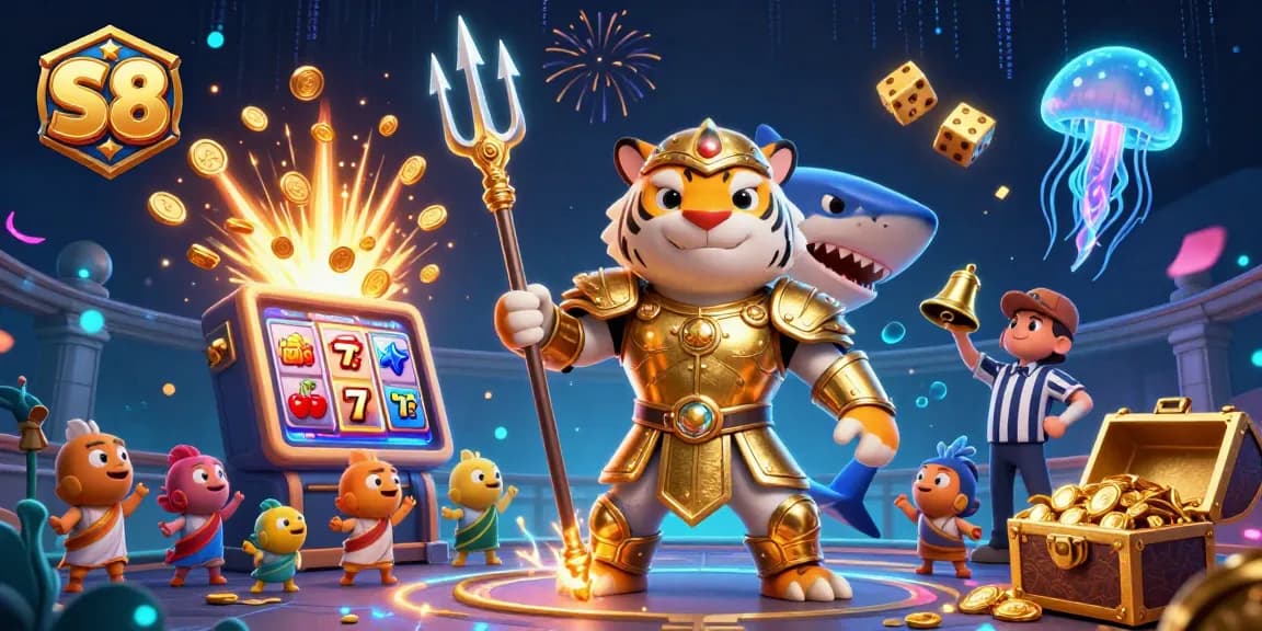 S8's exciting jackpot experience with a 3D shark warrior features a vibrant underwater casino scene.