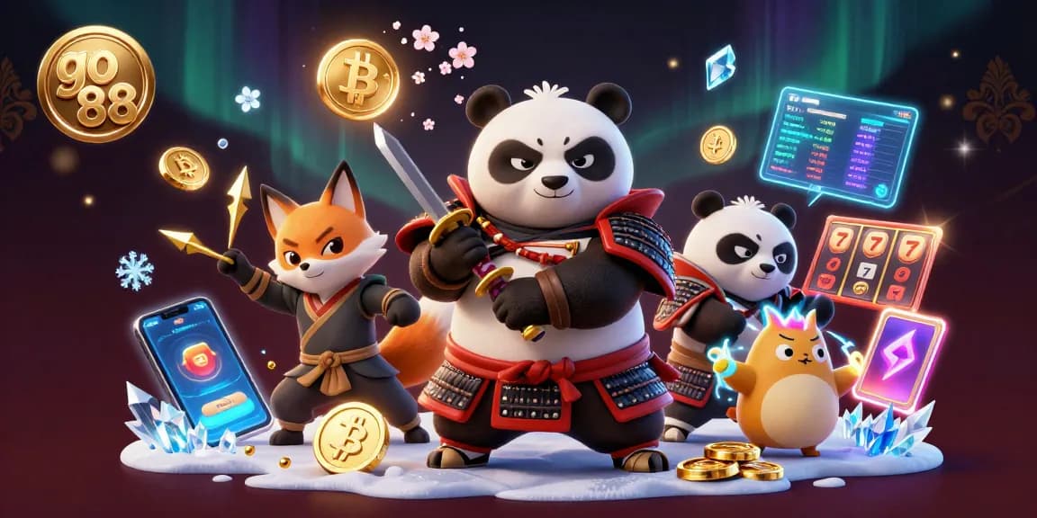 Experience the excitement of go 88 with a dynamic casino-themed 3D illustration of characters and game elements.