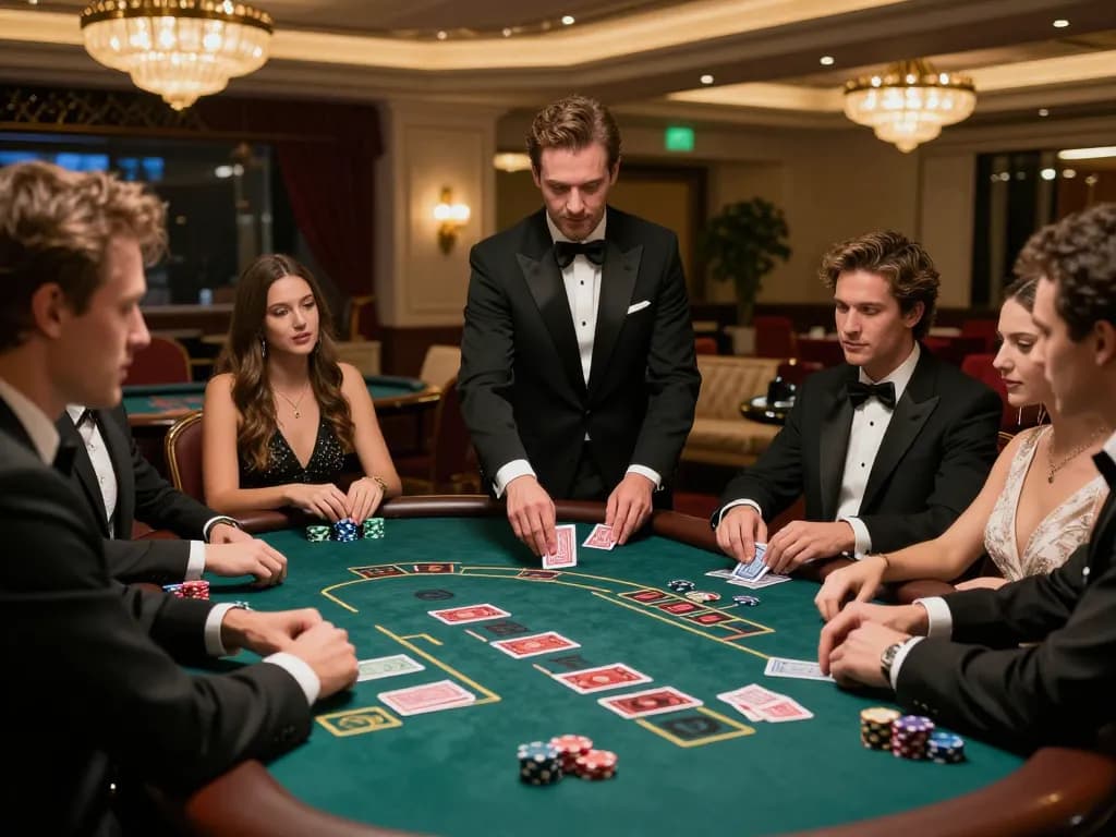 Players enjoying a strategic game of rokok88 slot at an elegant blackjack table.