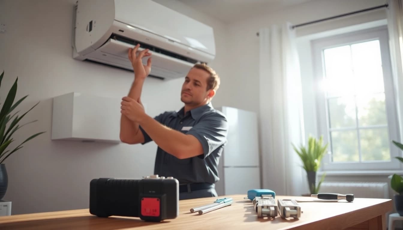 Expert HVAC technician performing AC Repair Tampa service in a bright, residential setting.