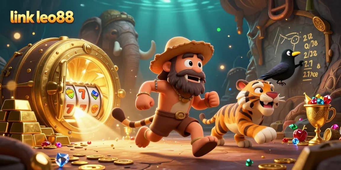 Experience the excitement of link leo88 at a unique casino scene with dynamic characters and treasure elements.