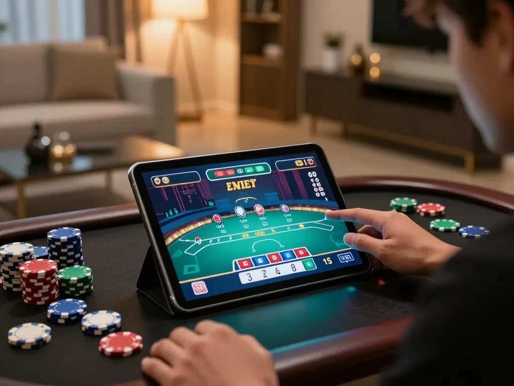 Person engaging in poker gameplay on tablet at home, highlighting mb66-t online gaming experience