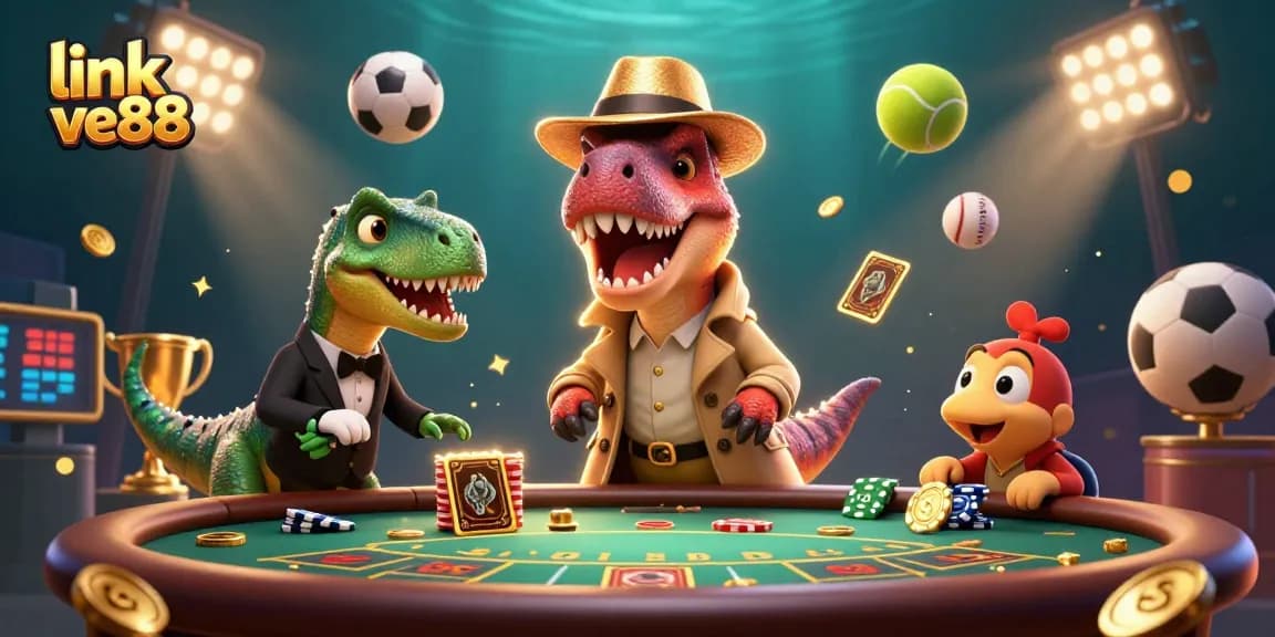 Link ve88 showcases a velociraptor card counter at a blackjack table amid dynamic sports elements.