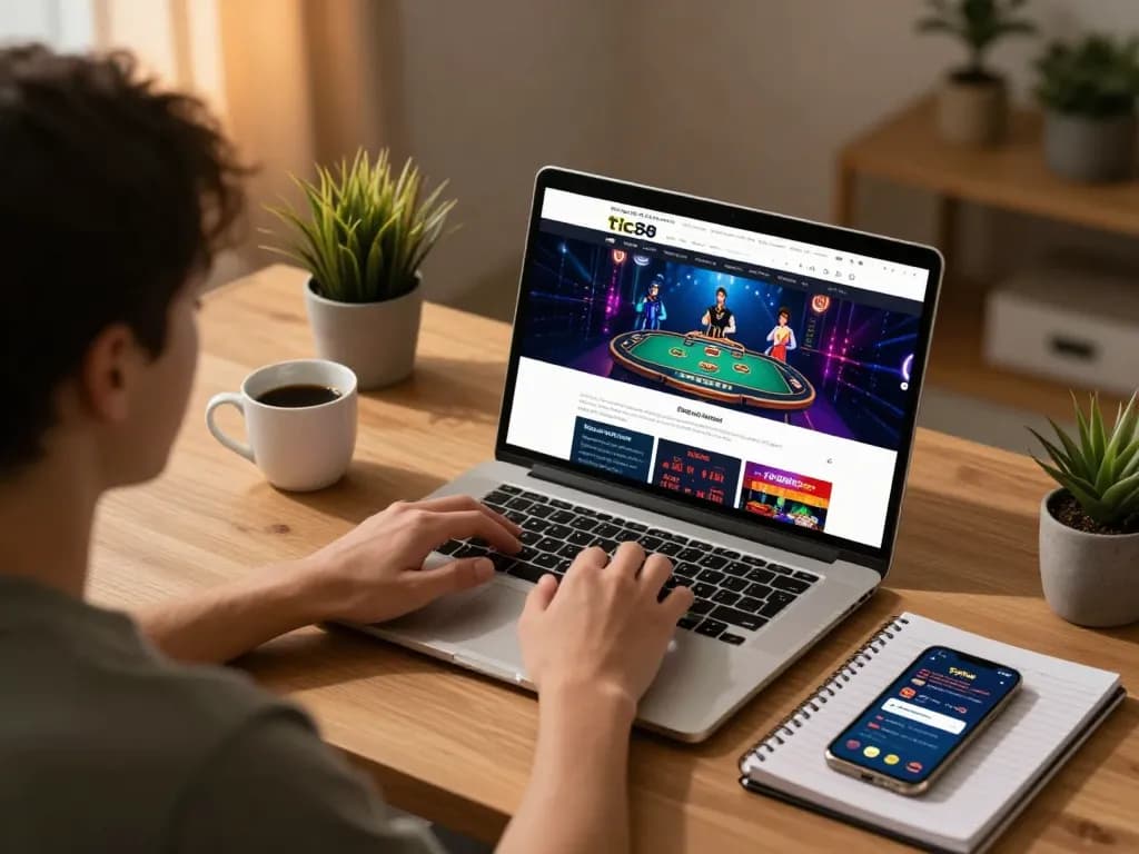 Engaging with nhà cái tic88 through an online gaming setup, showcasing strategic gameplay with a live dealer.