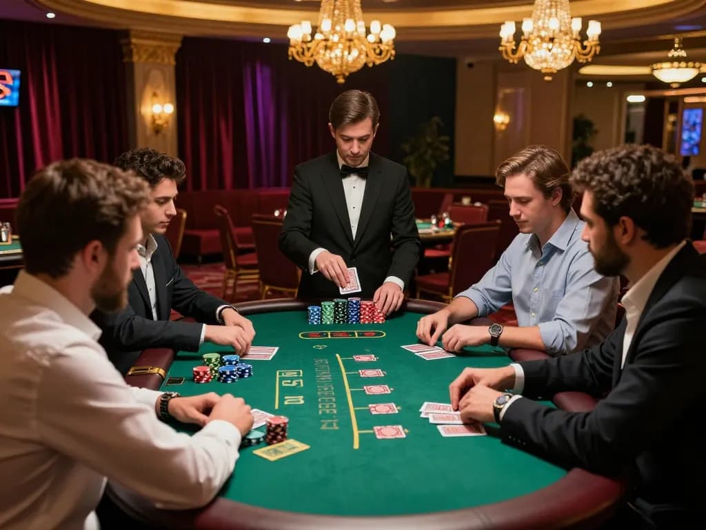 Exciting blackjack gameplay at a luxury casino table featuring da88gg players interacting with chips and cards