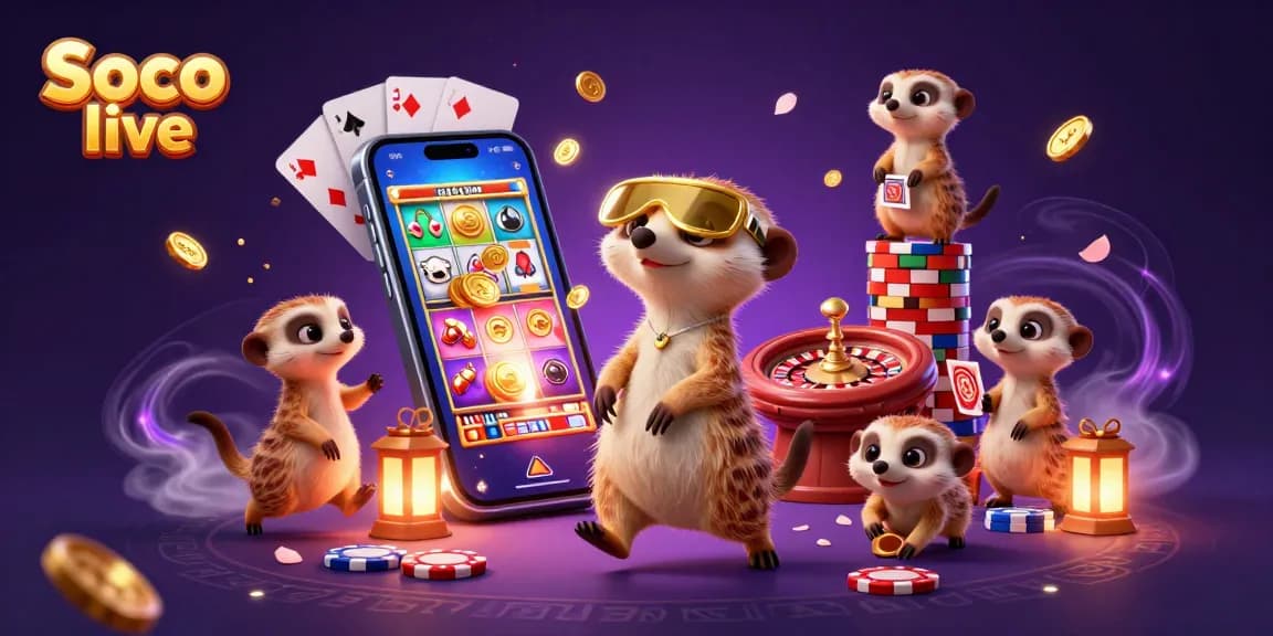 Soco live engages players with an immersive 3D cartoon casino featuring meerkats running games and sneaking chips.