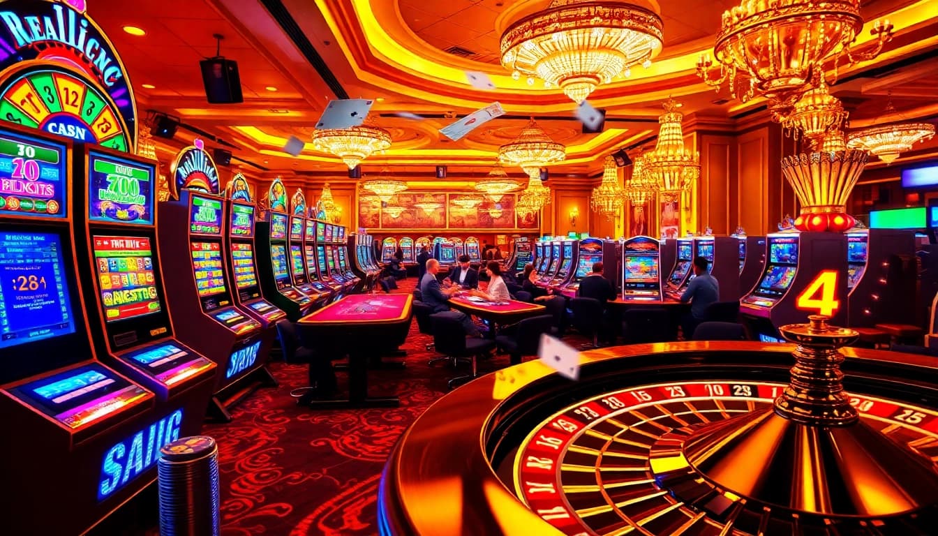 Experience thrilling gambling action at https://f168.vision/ with players enjoying poker and vibrant slot machines.