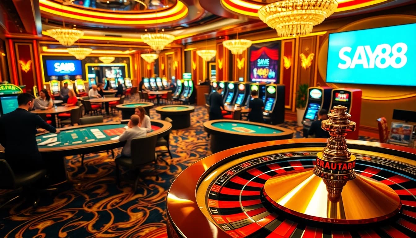 Experience the excitement of gambling at SAY88 with players engaged at roulette and poker tables.