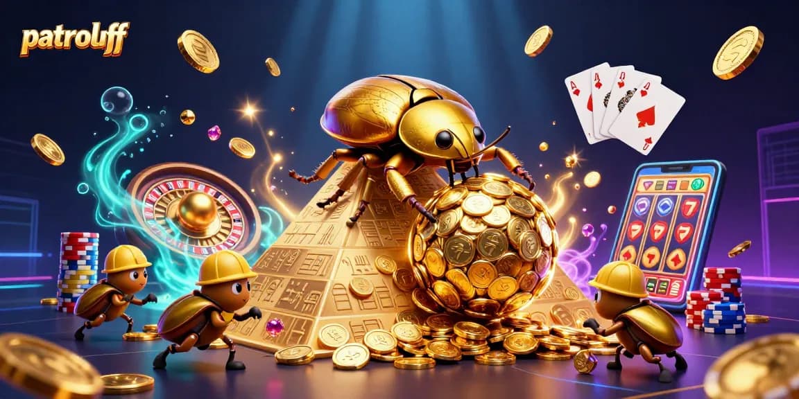 Experience exciting slots at patroloff with golden beetles and casino symbols.