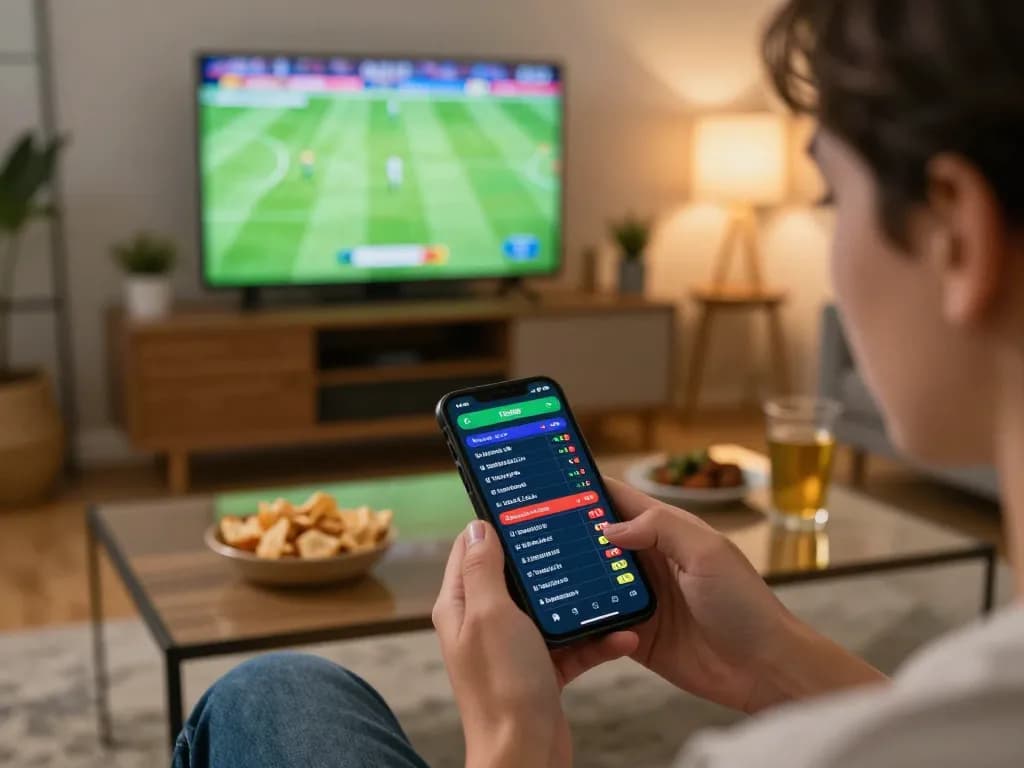 Engaging in sports betting with kèo nhà cái on smartphone during a live soccer match