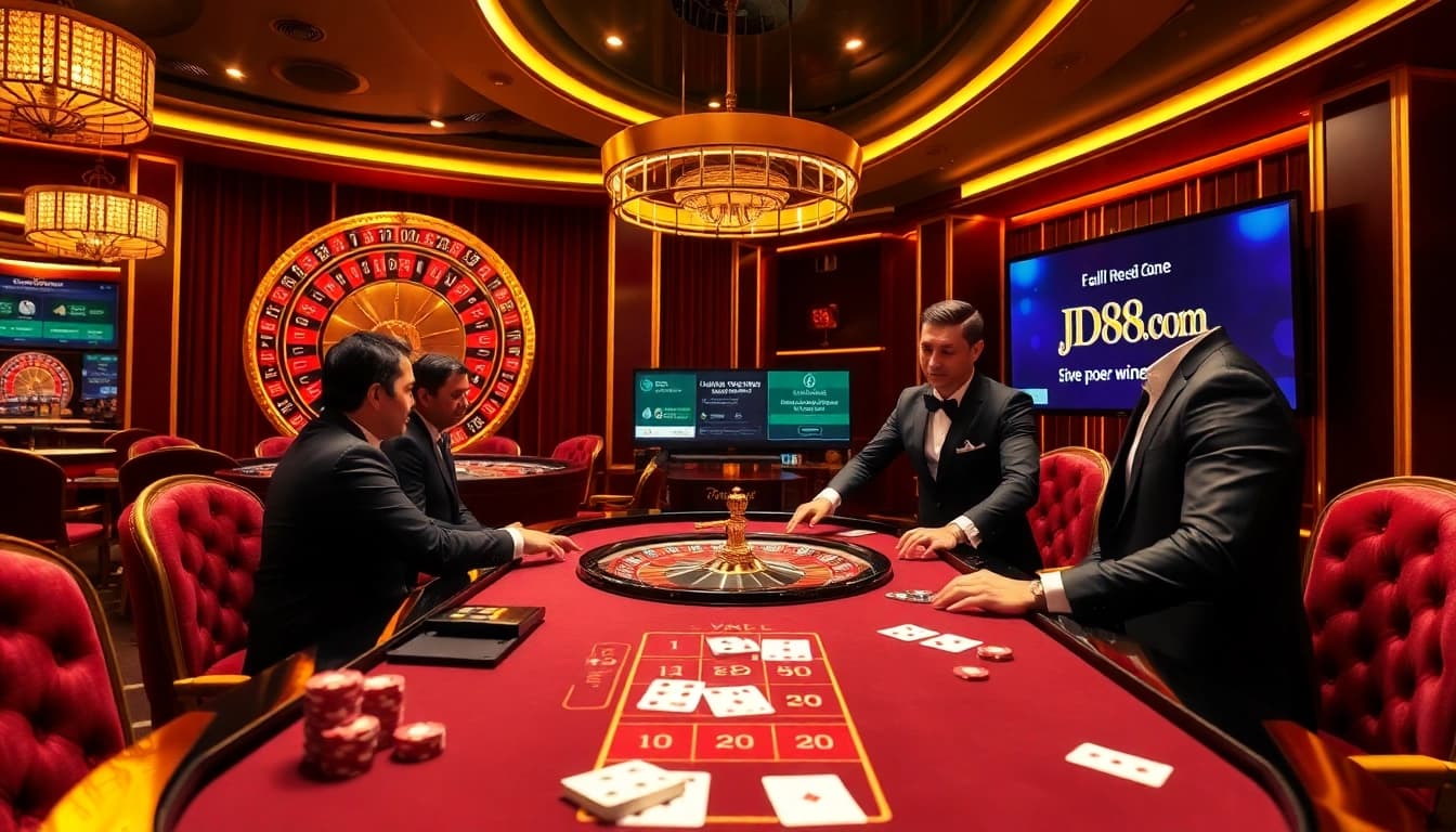 Một bàn casino có người chia bài trực tiếp tại JD88.Com, với người chia bài cuốn hút và bầu không khí chơi game sôi động.