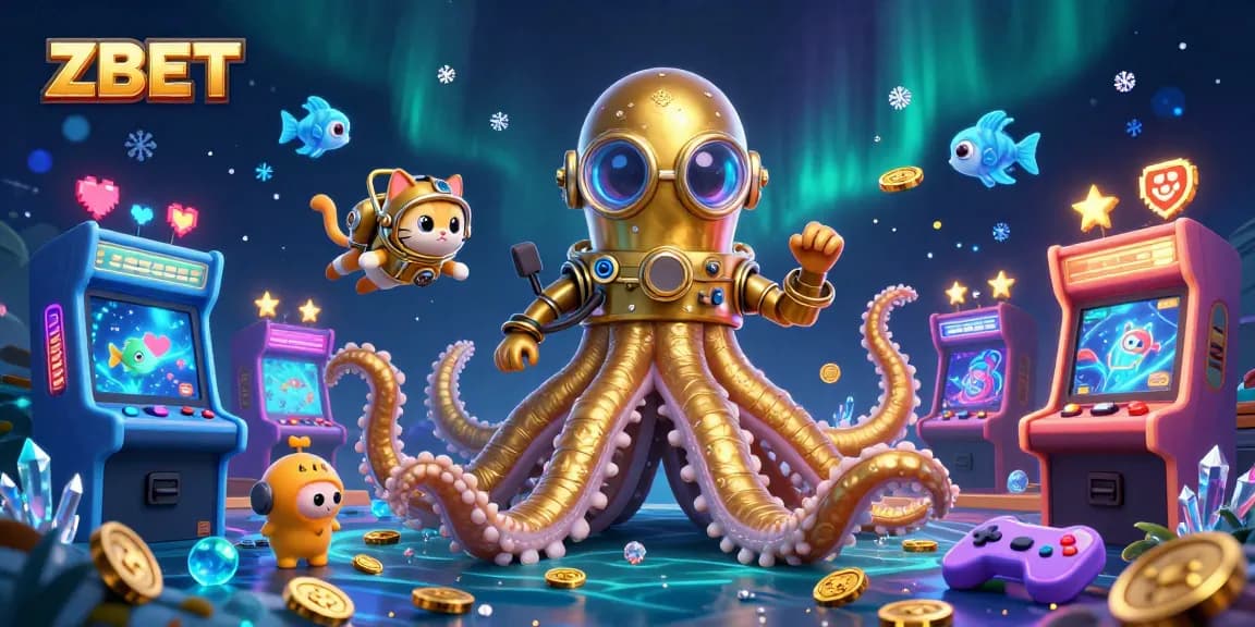 ZBET brings excitement as a kraken, diving cat, and deep-sea fish engage in a vibrant casino-themed scene.